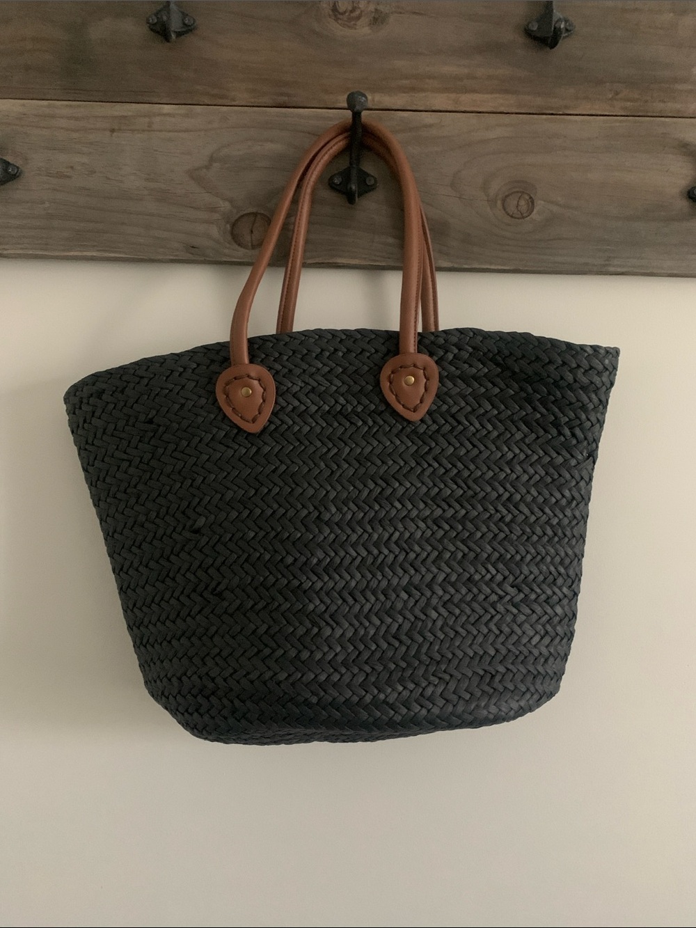 aerie Black Woven Tote with Brown Handles